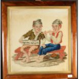 A Victorian woolwork picture, entitled 'Lovely Nancy' depicting two figures seated on a bench,