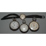 Four silver cased watches.