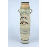 A tall slender fish decorated studio pottery vase, by Adrian Brough with twin handles,