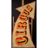A wooden circus sign in the shape of an arrow, the overall length is 120cm.