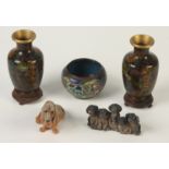 Miscellaneous to include a pair of cloisonne vases, a bowl, carved wood model of a dog,