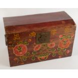 A Chinese painted pine chest, decorated with calligraphy and a vase of flowers,