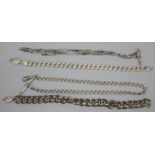 Two silver watch chains and two silver identity bracelets, 136g.