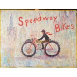 An oil on board by Simeon Stafford, 'Speedway Bikes', signed to reverse and dated 18.04, 76 x 101.