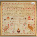 A needlework sampler by Lilly Choak, aged 12 years, July 11th 1887 depicting alphabet, numbers,