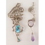 A Charles Horner enamelled silver pendant and chain together with a silver mounted amethyst pendant