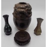 An early Chinese pottery part brown glazed vase, the ribbed upper part decorated with a dragon,