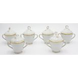 A set of six Worcester twin handled cups, the covers with gilt loop finial, one cover damaged.