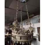A Gothic white painted iron three branch ceiling light, diameter of lower tier, 44cm.