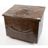 An Arts and Crafts copper log box, the hinged cover repousse decorated with a galleon, height 44.