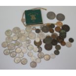 Pre 1947 silver coins, £2 face value, together with other coins.