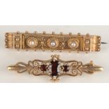 A gold Revivalist pearl set Victorian bar brooch and one other gold bar brooch.