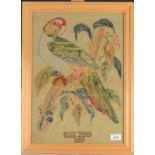 A woolwork picture by Kate Jones, dated 1891, depicting a parrot perched on a leafy branch, 54.