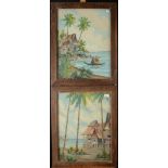 A pair of oils on board, tropical seashore huts and palm trees, one indistinctly signed, 54.5 x 41.