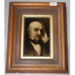 A Sherwin & Cotton portrait tile of William Gladstone from a portrait by S Mendelssohn in an oak