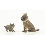 A cold painted bronze figure of a bandaged dog, height 3cm, and a small kitten, height 1cm.