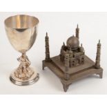 A silver coloured metal model of The Taj Mahal, together with a Victorian EPNS goblet,