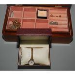 A jewellery box and contents including a little gold together with a Rotary lady's wrist watch.
