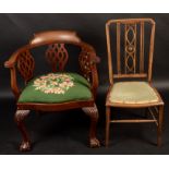 A mahogany desk chair in 18th century style, together with a bedroom chair.