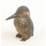 A cold painted bronze model of a kingfisher, height 4cm, width 2cm.