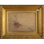 A watercolour of a ship unloading onto carts signed by John Carlaw,