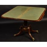 A fine Regency rosewood brass inlaid fold top card table, on vase pedestal,