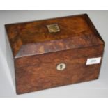 A burr walnut tea caddy, 19th century, the hinged cover opening to reveal two lidded compartments,