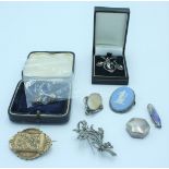 Costume jewellery, a miniature enamel penknife etc.