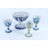 Alan Caiger Smith pottery pedestal bowl and three goblets. Height of bowl 7.3cm, diameter 20cm.