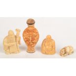 Two Japanese ivory netsukes, a seated buddha and a cinnabar lacquered scent bottle.