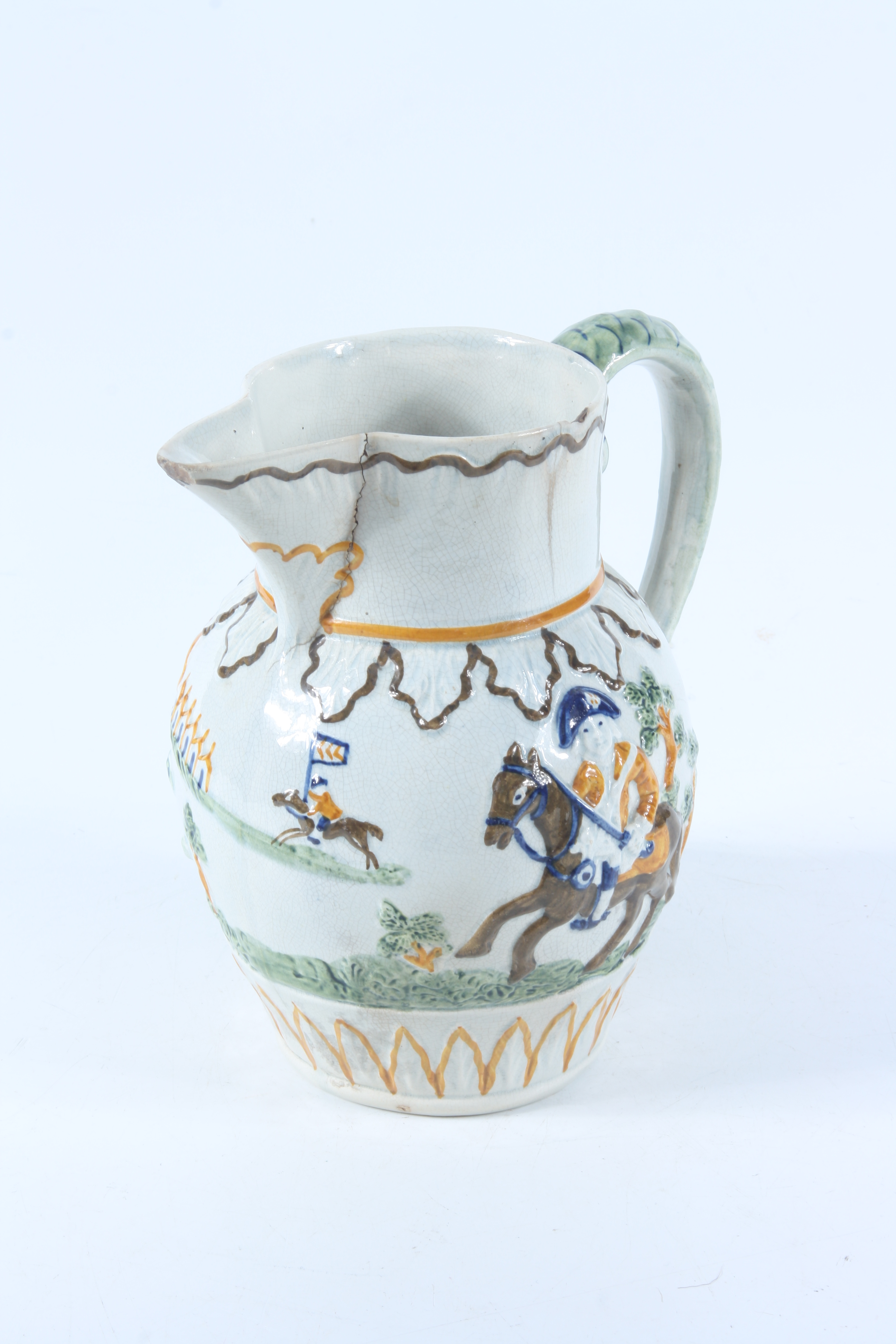 A Duke of Cumberland prattware jug, 19th century, height 18.5cm.