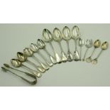 Various silver fiddle pattern spoons, a pair of Scottish silver tongs, other silver spoons, 10.6oz.