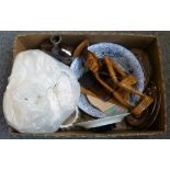 A box of miscellaneous including textiles, blue and white bowl, ceramic alarm clock, geometry set,