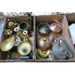 Copper and brassware including kettles, bed warmer, plaques, candlesticks, spill vases, a set of