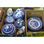 Blue and white tableware in two boxes including tureens and covers