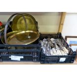 Two brass jam pans and brass tray together with a box of loose cutlery (2)