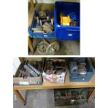 A metal toolbox with contents together with a selection of metal ware which includes miniature train