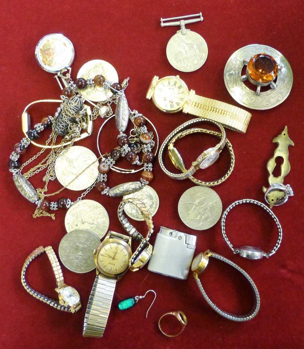 A 9ct gold ring (stone missing), watch on chain, various wristwatches, defense and WWII medals,