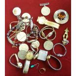A 9ct gold ring (stone missing), watch on chain, various wristwatches, defense and WWII medals,