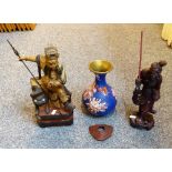 Two carved wooden oriental figures together with a cloisonné vase (3)