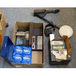 An early Sharp printer and micro cassette recorder, metal detector, boxed Edinburgh glassware, rugby