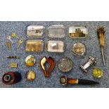 A box of collectables including advertising paperweights, Notre Dame, Leeds Forge company,