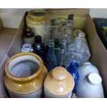 A selection of home ware storage jars, water bottles, glass bottles, an engraved jug dated 1918