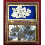 A wooden box and contents of old coins, silver threepenny bits, etc.