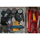 Various car and motorcycle dials, valves, a trolley jack and other items (2).