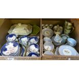 Two boxes of china including Noritake part coffee service, jelly mould, two tea services, tureen,