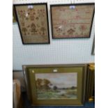 Two needlework samplers 1819 and 1837 together with David Hill watercolour entitled "Down the