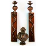 A Victorian bronze bust of a gentleman, 23cm high and a pair of Indian Benares brass wall sconces