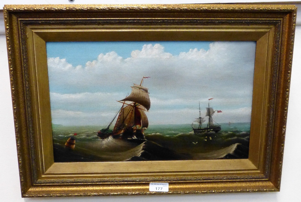 In the style of E.K.Redmore, a 19th century oil on canvas of sailing ships, gilt frame