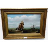 In the style of E.K.Redmore, a 19th century oil on canvas of sailing ships, gilt frame